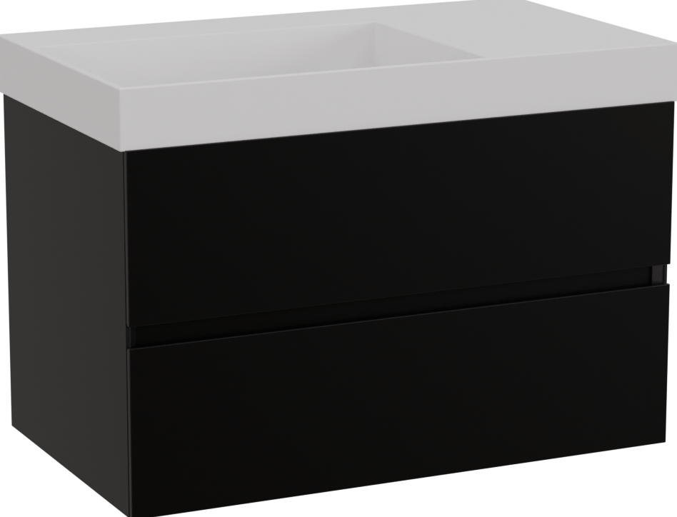 Storke Edge hängendes Möbelstück Set: 80 x 46 cm, Schwarz matt, mit Jura Waschtisch links, Solid Surface Weiß matt