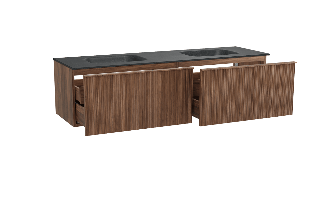 Balmani Forma zwevend badmeubel 180 x 55 cm amerikaans notenhout met Tablo Arcato dubbele wastafel in zwart graniet, Verticale asymmetrische ronde ribbel
