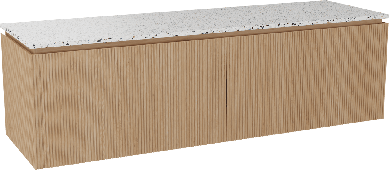 Balmani Eclips meuble salle de bains suspendu 180 x 55 cm Chêne naturelle avec Stretto tablette simple ou double en Bianco Nero Terrazzo, Nervure droite symétrique verticale