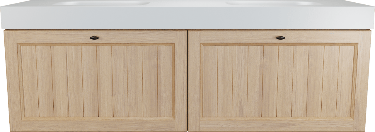 Balmani Lemon hängendes Möbelstück Set: 180 x 55 cm, Naturbelassene Eiche Furnier, mit Arcato Doppelwaschtisch, Weiß matt