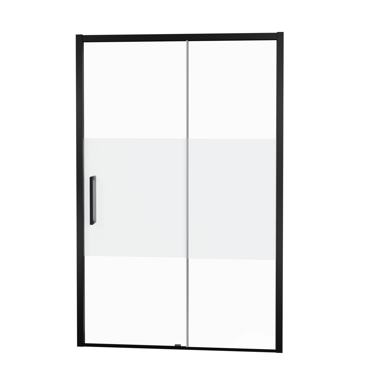 Balmani Senses Design douche schuifdeur rechts 140 cm x 210 cm Helder glas met matte strook glas, Zwarte profielen