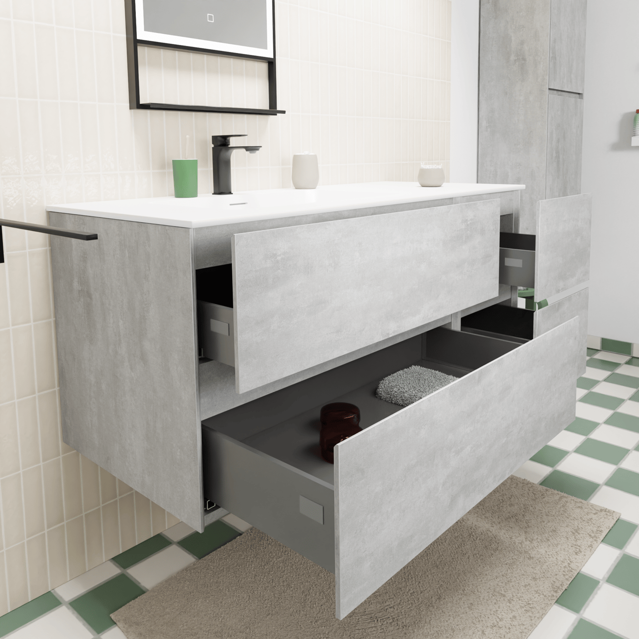 Storke Edge hängendes Möbelstück Set: 120 x 52 cm, Beton dunkelgrau, mit Mata Waschtisch links, Solid Surface Weiß matt