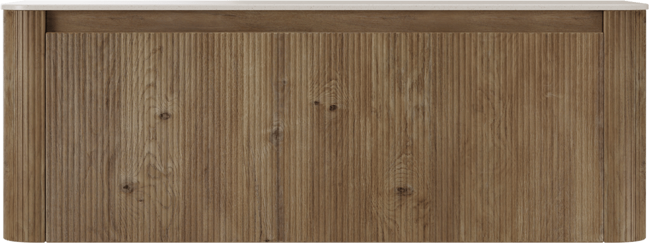 Storke Soft hängendes Möbelstück Set: 140 x 46 cm, Eiche rau, mit Tavola Soft Einzel- oder Doppel Waschtischplatte Solid Surface Beige Granit, Vertikale symmetrische gerade Rippe