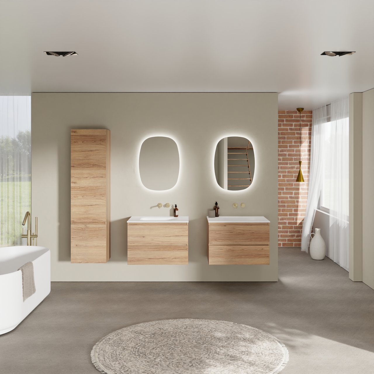 Balmani Lucida hängendes Möbelstück Set: 75 x 55 cm, Teak, mit Tablo Arcato Einzelwaschtisch, Solid Surface Weiß matt