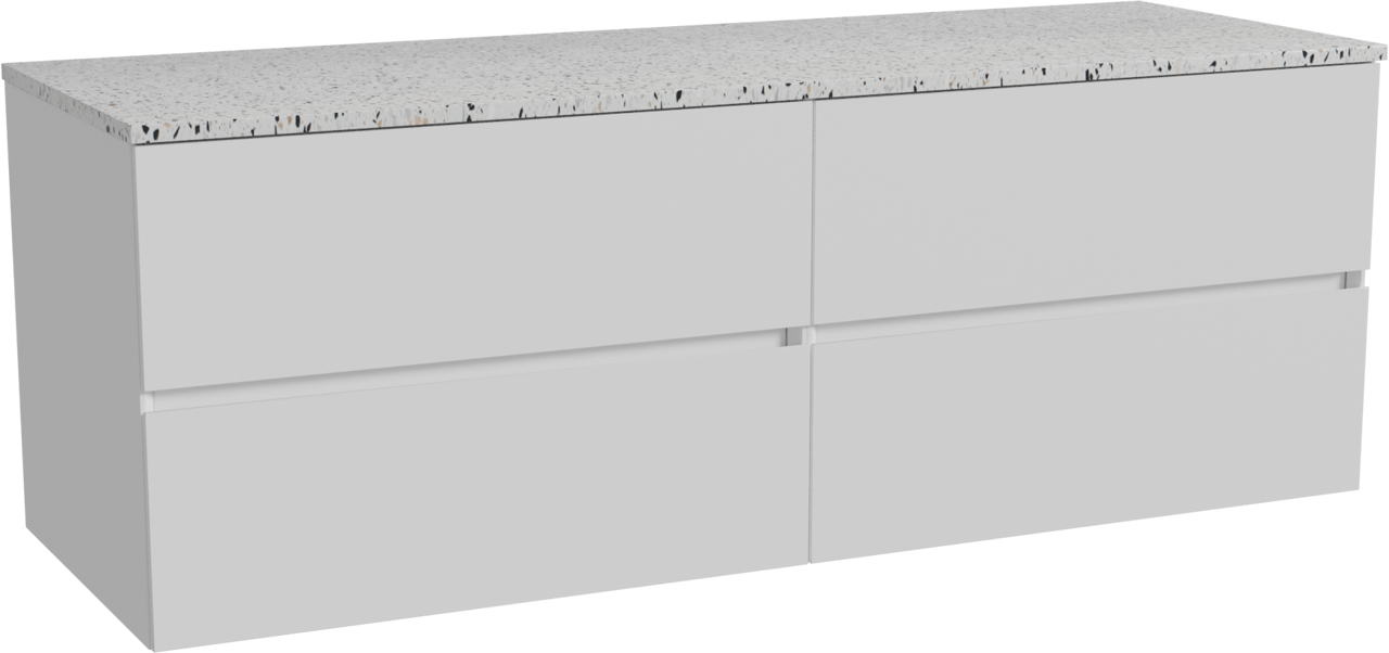 Storke Edge hängendes Möbelstück Set: 150 x 52 cm, Weiß matt, mit Tavola Einzel- oder Doppel Waschtischplatte, Terrazzo in Weiß/Schwarz matt