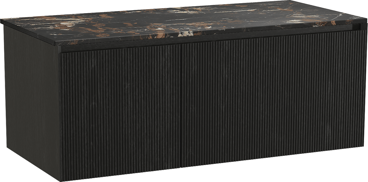 Balmani Fila zwevend badmeubel 120 x 55 cm zwart eiken met Stretto enkel wastafelblad in marmer portoro gold, Verticale symmetrische rechte ribbel