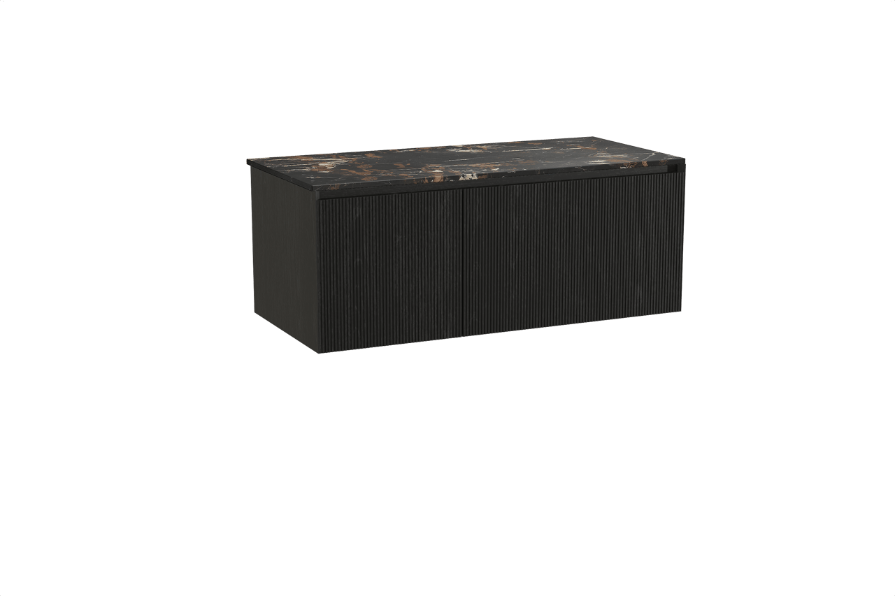 Balmani Fila hängendes Möbelstück Set: 120 x 55 cm, Schwarze Eiche, mit Stretto Einzel Waschtischplatte, Marmor, Portoro Gold, Vertikale symmetrische gerade Rippe