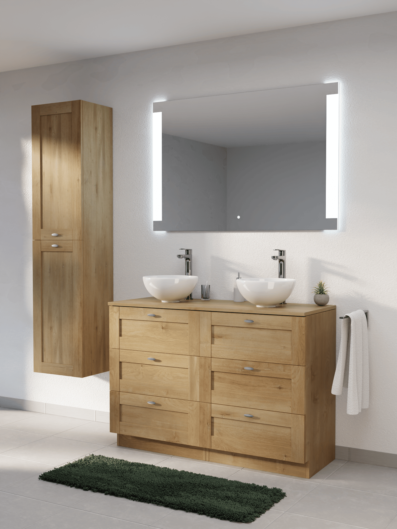 Linie Classo freistehendes Möbelstück Set: 120 x 46 cm, Naturbelassene Eiche, mit Lado Einzel- oder Doppel Waschtischplatte, Melamin Naturbelassene Eiche