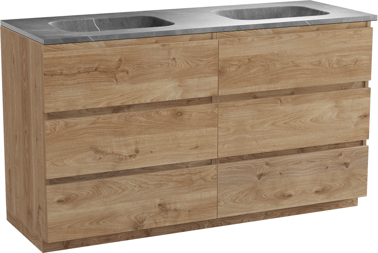 Balmani Lucida staand badmeubel 150 x 55 cm ruw eiken met Tablo Arcato dubbele wastafel in marmer pietra grey