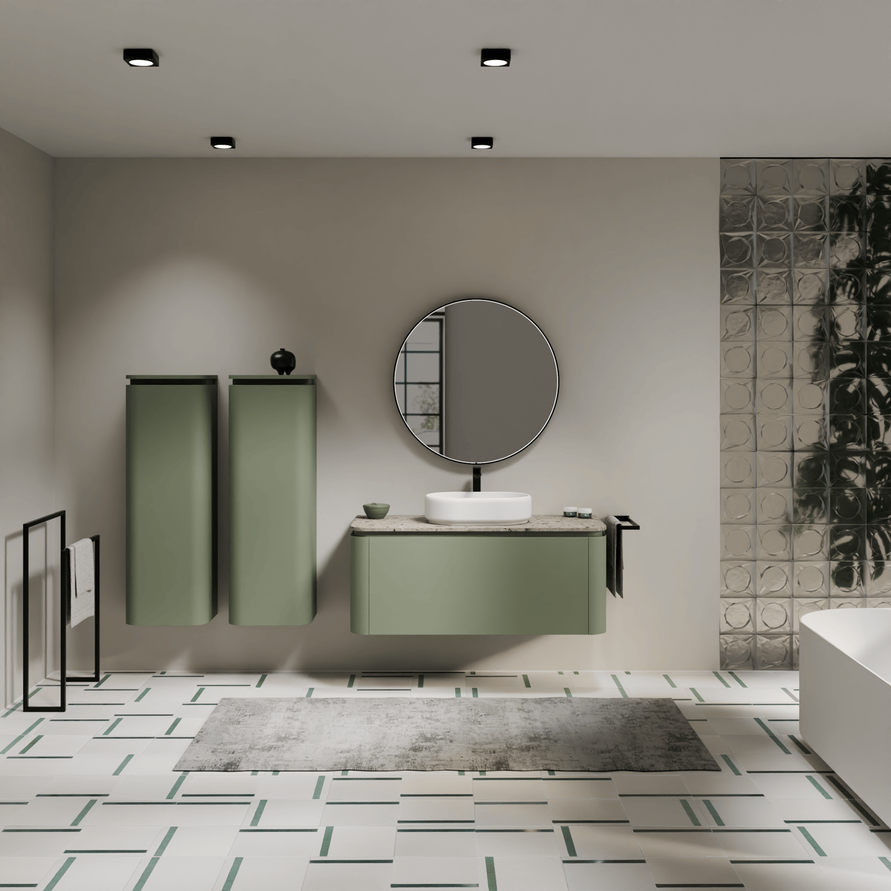 Balmani Moon meuble salle de bains suspendu 130 x 55 cm vert sauge avec Moon tablette simple ou double en terrazzo greige terrazzo