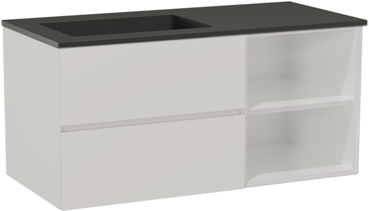 Storke Edge zwevend badmeubel 110 x 52 cm hoogglans wit met Scuro asymmetrisch linkse wastafel in kwarts mat zwart