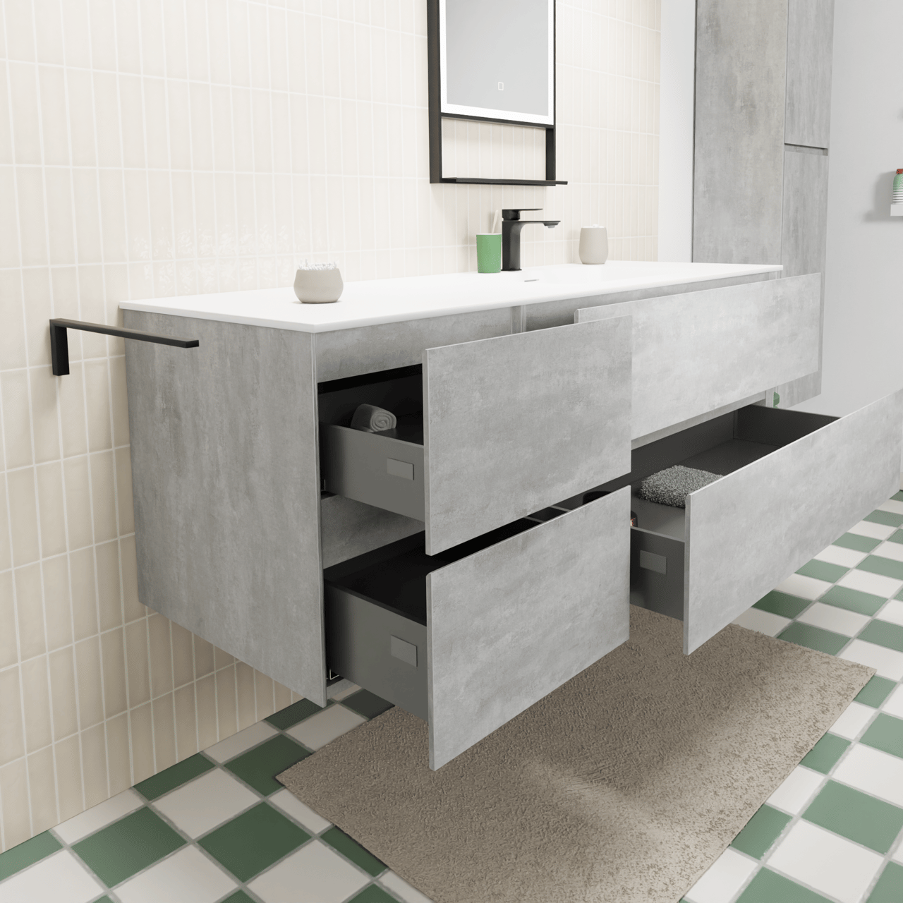 Storke Edge meuble salle de bains suspendu 150 x 52 cm béton gris foncé avec Mata plan vasque asymétrique à droite en solid surface blanc mat