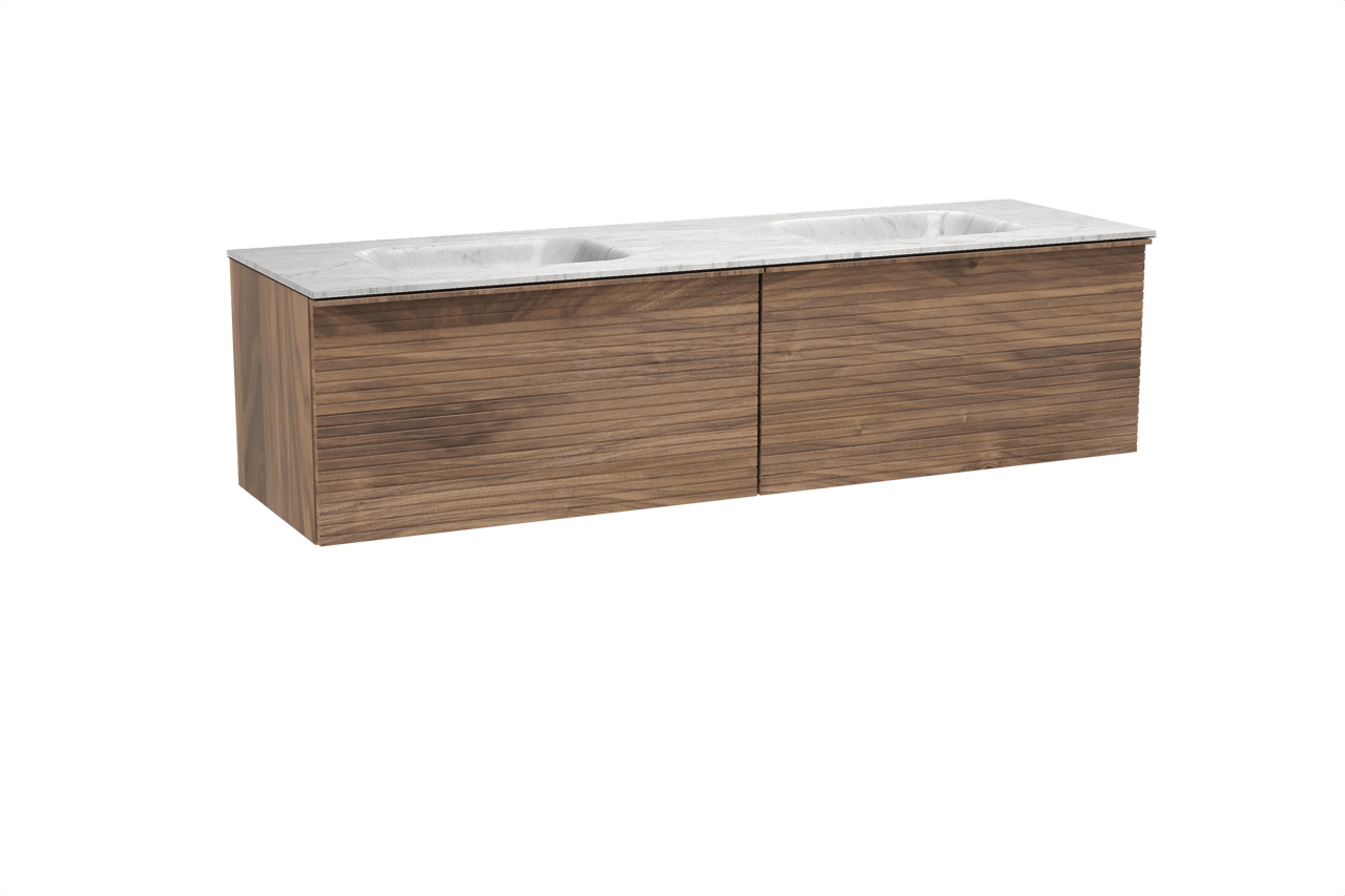 Balmani Forma hängendes Möbelstück Set: 180 x 55 cm, Amerikanischer Nussbaum, mit Tablo Arcato Doppelwaschtisch, Marmor, Carrara, Horizontale symmetrische gerade Rippe