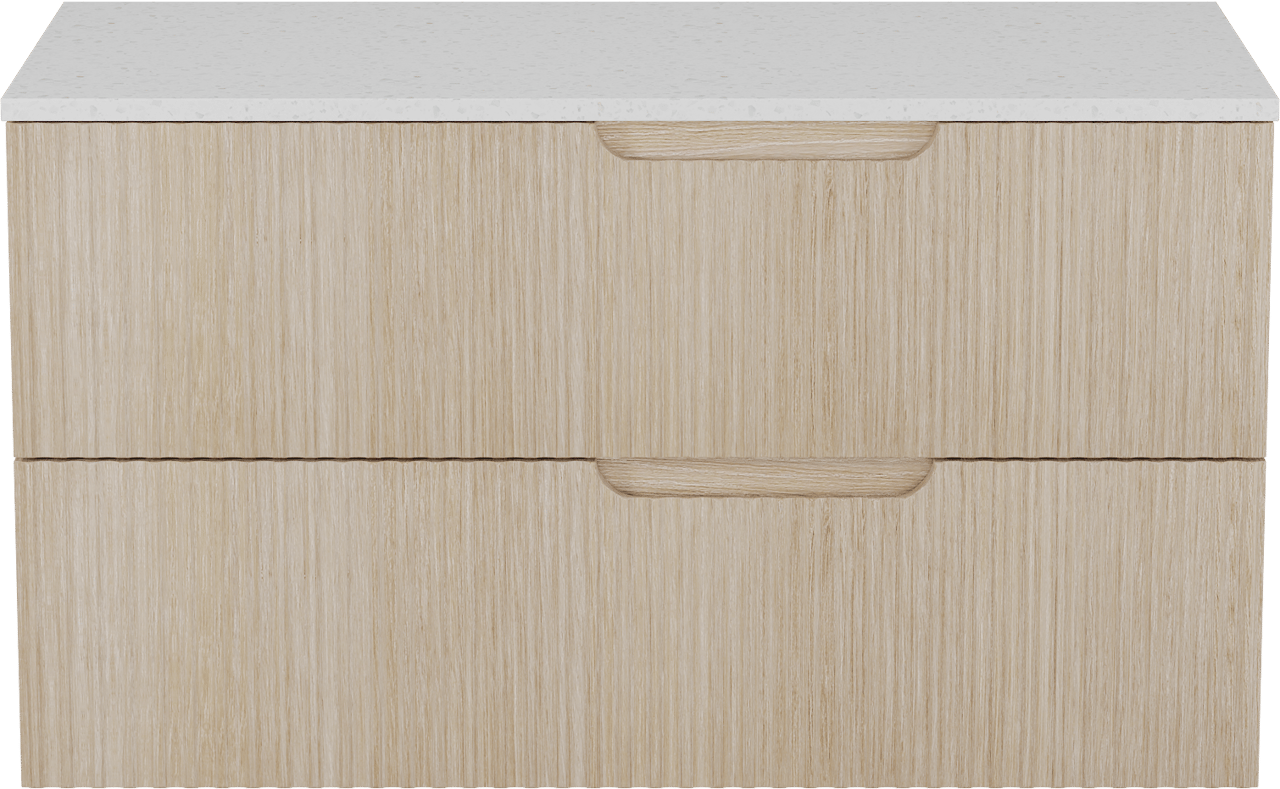 Linie Ribbo zwevend badmeubel 100 x 46 cm licht eiken met Lado enkel of dubbel wastafelblad in melamine terrazzo wit, Verticale symmetrische ronde ribbel