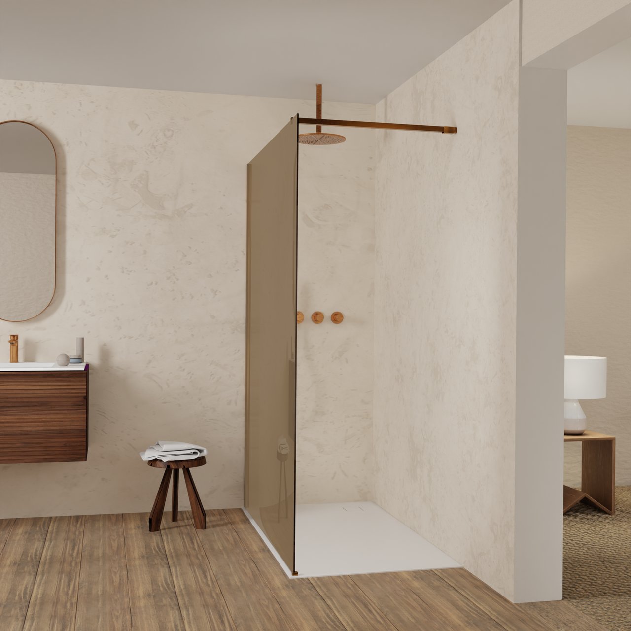 Balmani Modular Walk-In Dusche: 140 x 200 cm, Bronze Glas, inklusive Coating, Profil Brushed Rosegold