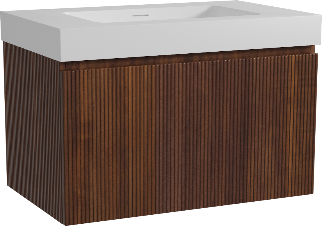 Storke Ribs zwevend badmeubel 85 x 52 cm notenhout met Mata High enkele wastafel in solid surface mat wit, Verticale symmetrische rechte ribbel