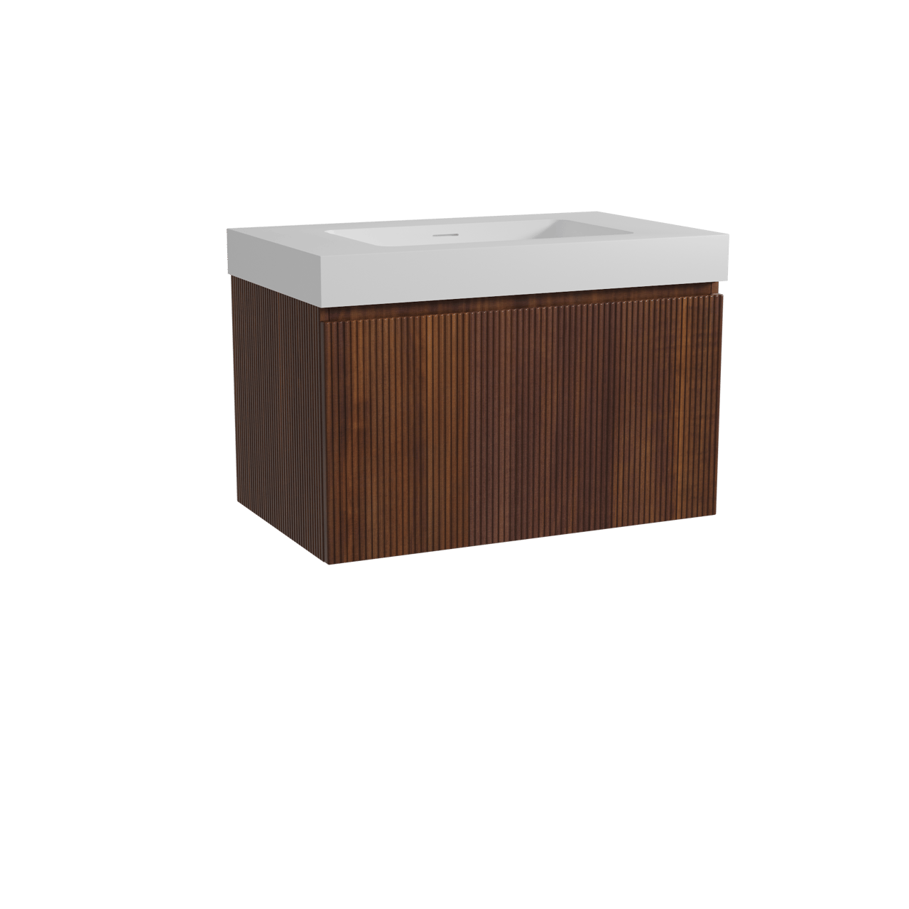 Storke Ribs zwevend badkamermeubel 85 x 52 cm notelaar met Mata High enkele wastafel in solid surface mat wit, Verticale symmetrische rechte ribbel