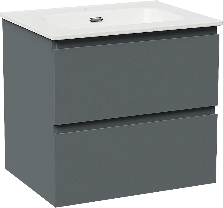 Linie Lado hängendes Möbelstück Set: 60 x 46 cm, Anthrazitblau, mit Baro Einzelwaschtisch, Porzellan Weiß glänzend