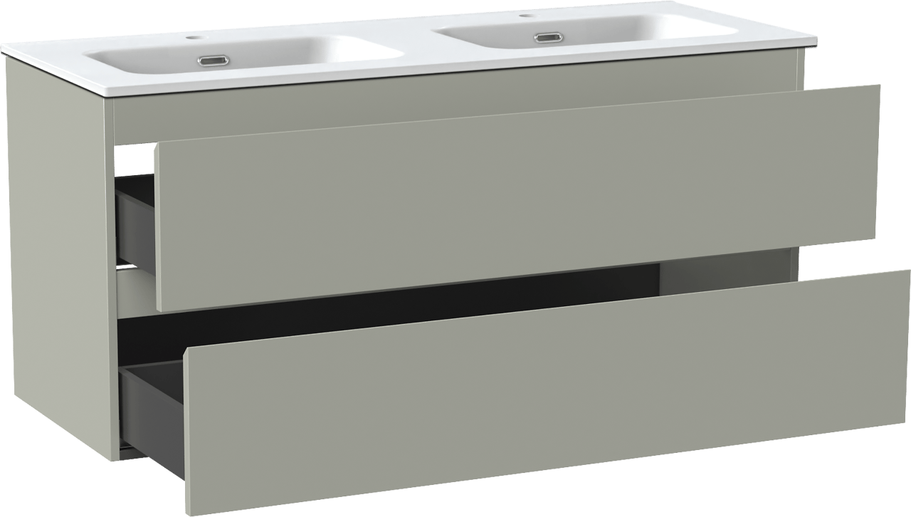 Linie Lado meuble salle de bains suspendu 120 x 46 cm greige avec Baro double vasque en porcelaine blanc mat
