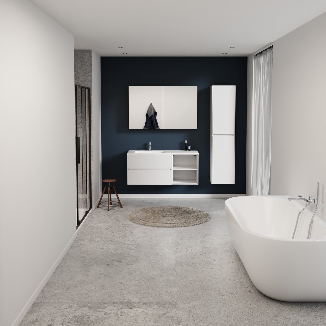 Storke Edge meuble salle de bains suspendu 120 x 52 cm blanc brillant avec Mata plan vasque asymétrique à gauche en solid surface blanc mat