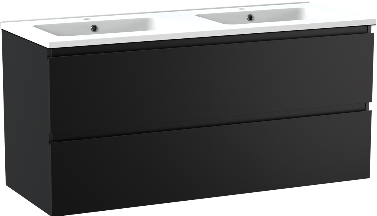 Linie Lado zwevend badmeubel 120 x 46 cm mat zwart met Vano dubbele wastafel in composietmarmer mat wit