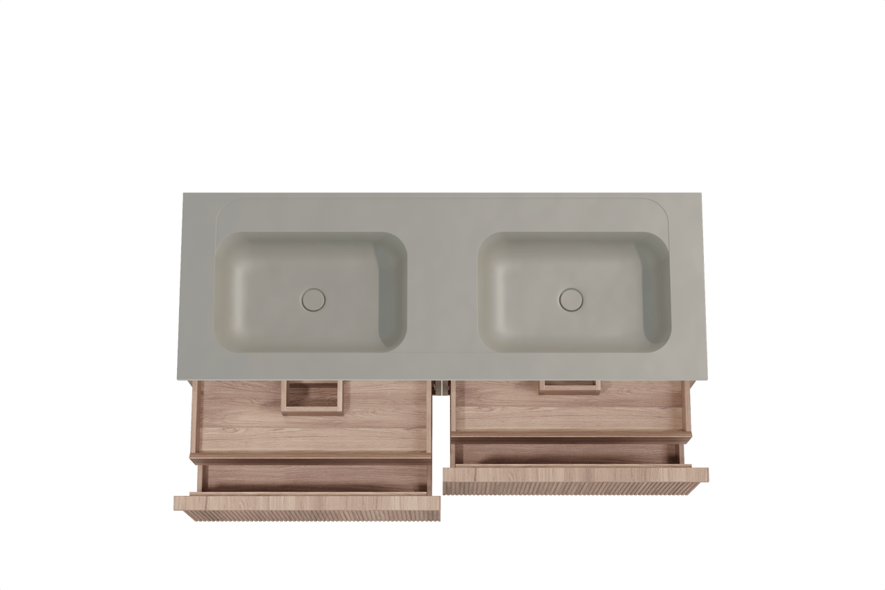 Balmani Forma zwevend badmeubel 150 x 55 cm teakhout met Tablo Strada dubbele wastafel in composietmarmer zijdegrijs, Verticale symmetrische rechte ribbel