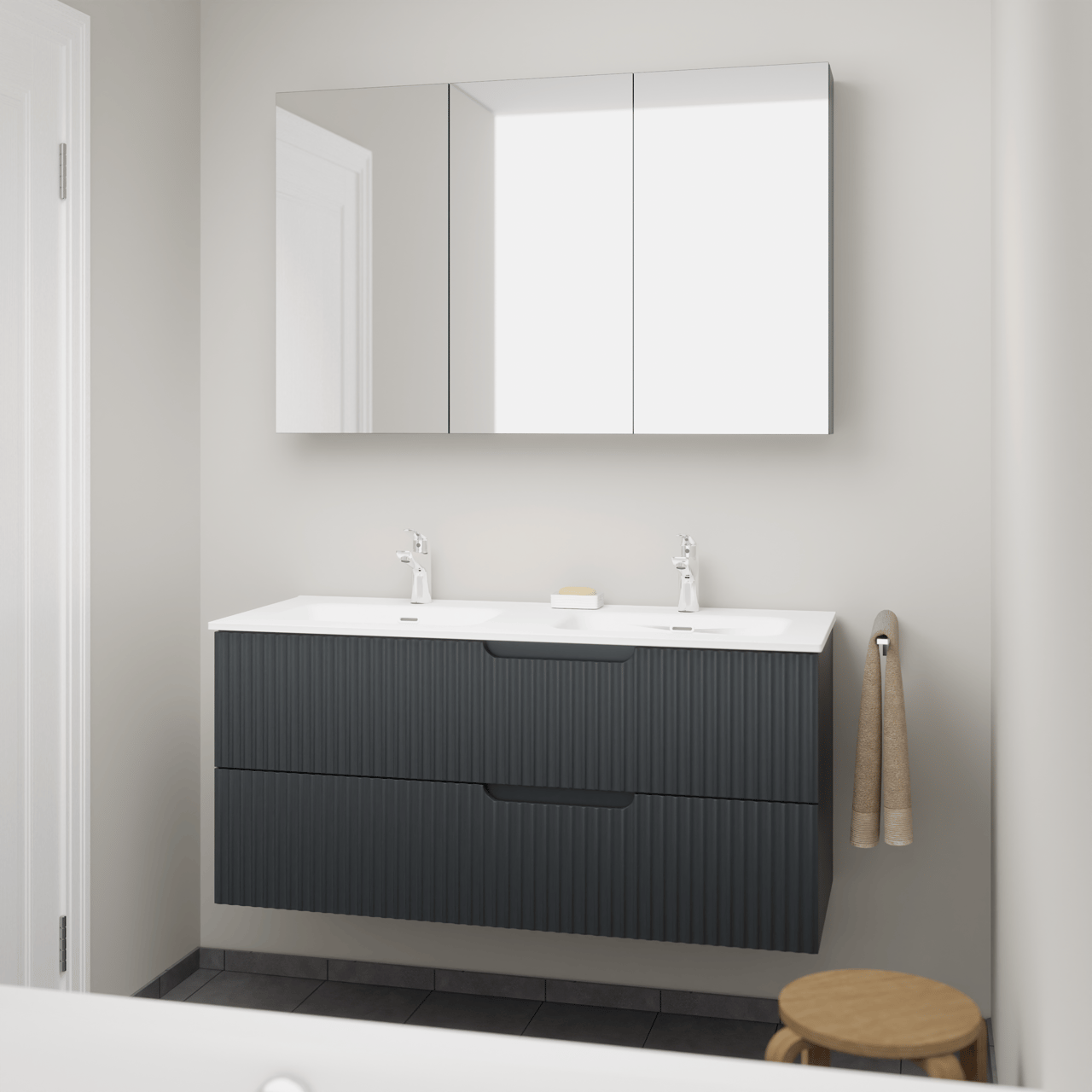 Linie Ribbo meuble salle de bains suspendu 120 x 46 cm bleu anthracite avec Baro double vasque en porcelaine blanc brillant, Nervure circulaire symétrique verticale et Montro armoire de toilette