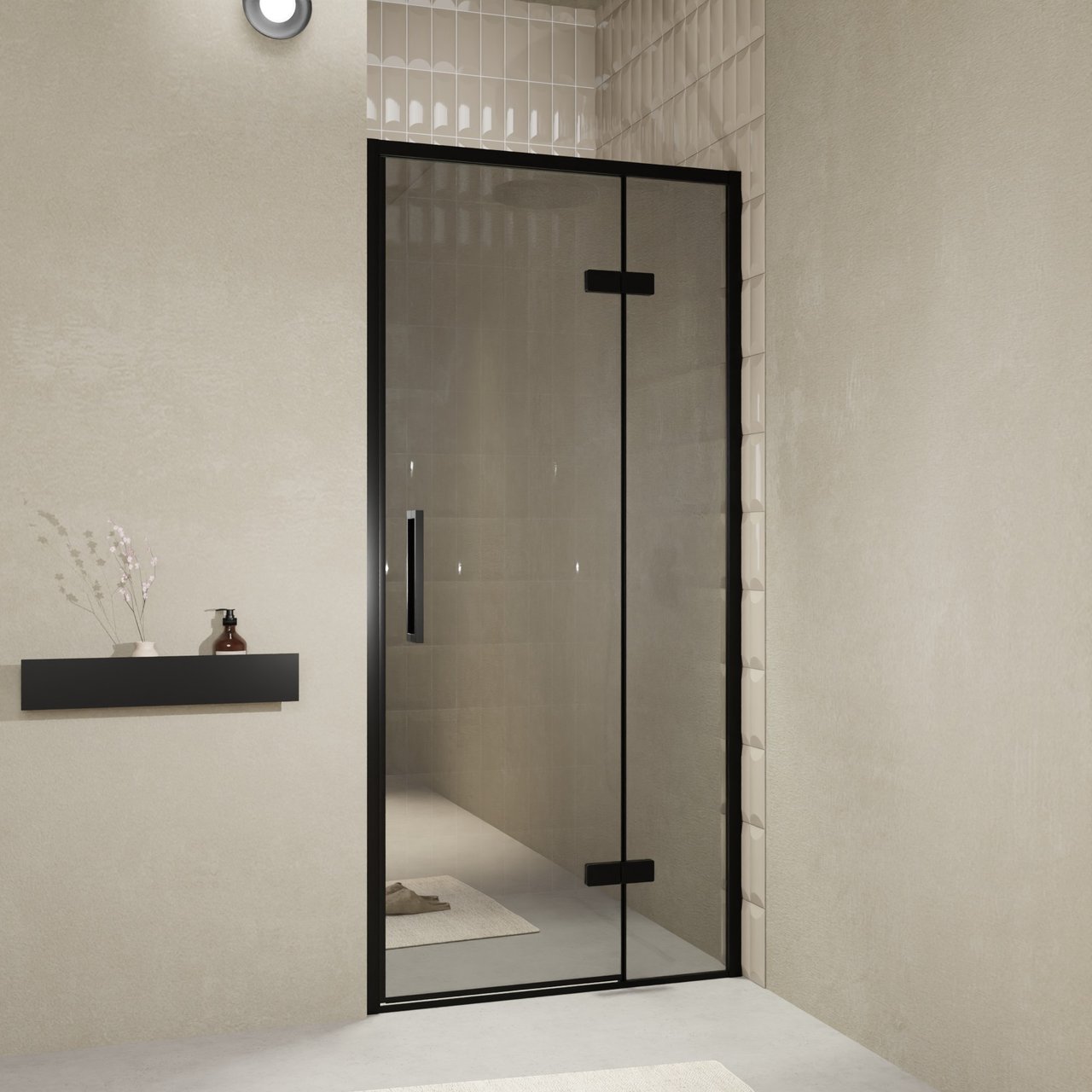 Balmani Senses Design porte pivotante à droite 100 cm x 210 cm verre Miroir Reflex, Profil noir, coating inclus