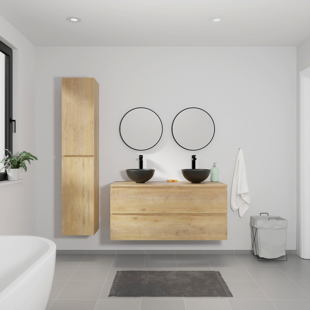 Linie Lado zwevend badmeubel 120 x 46 cm naturel eiken met Lado enkel of dubbel wastafelblad in melamine naturel eiken