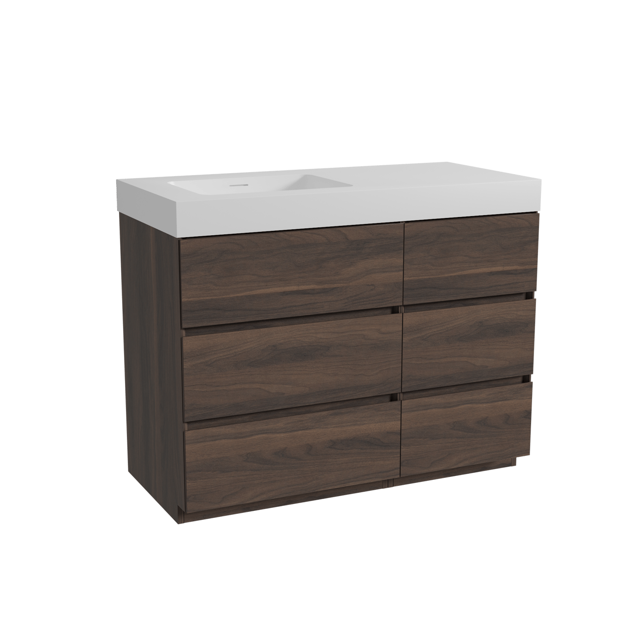 Storke Edge staand badkamermeubel 110 x 52 cm notelaar met Mata High asymmetrisch linkse wastafel in solid surface mat wit