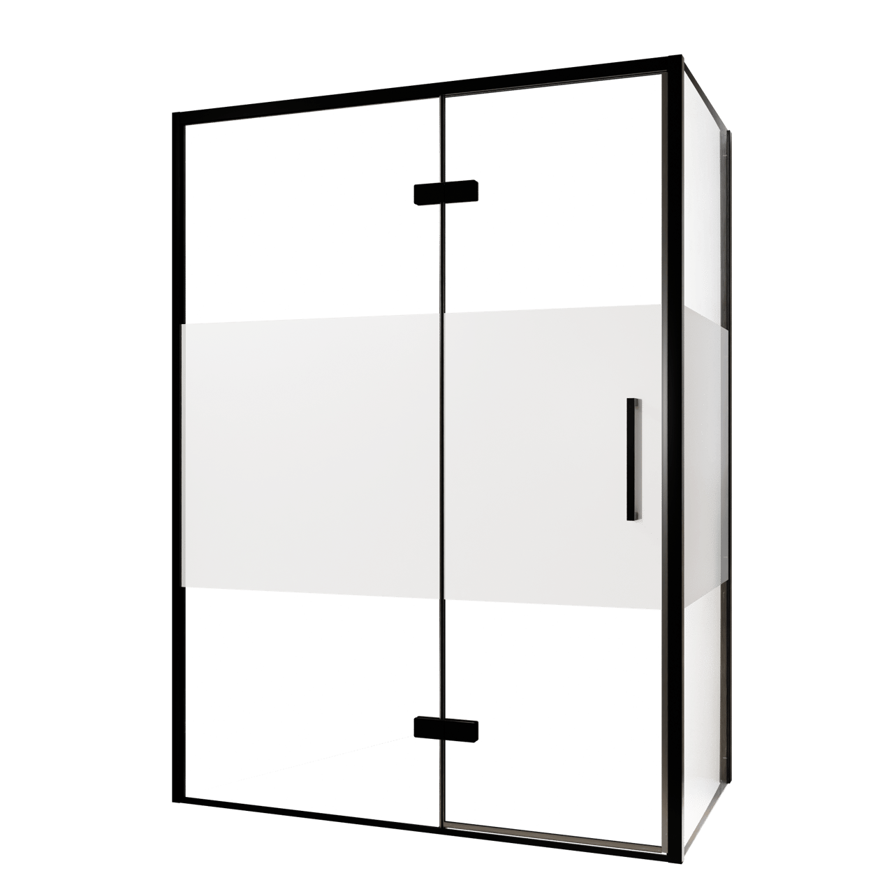 Balmani Senses Design douche en coin avec porte pivotante à gauche et paroi latérale fixe, 140 x 90 cm, Verre transparent avec bande matte, Profil noir