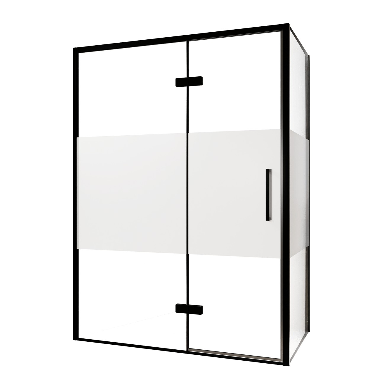 Balmani Senses Design douchehoek met linkse draaideur en vaste zijwand, 140 x 90 cm, Helder glas met matte strook, Zwarte profielen