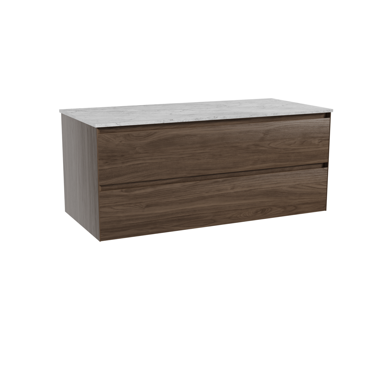 Balmani Mitra hängendes Möbelstück Set: 120 x 55 cm, Amerikanischer Nussbaum, mit Stretto Einzel- oder Doppel Waschtischplatte, Marmor Carrara