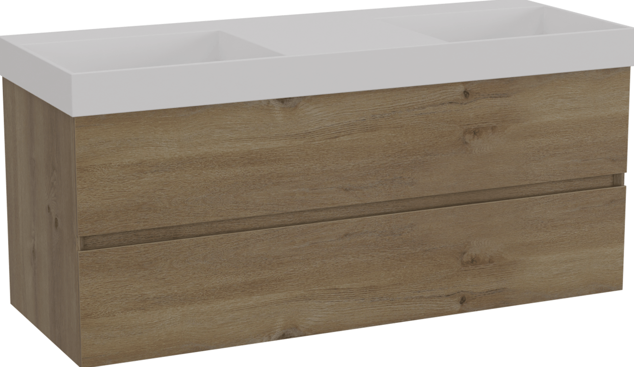 Storke Edge hängendes Möbelstück Set: 120 x 46 cm, Rohe Eiche, mit Jura Doppelwaschtisch, Solid Surface Weiß matt