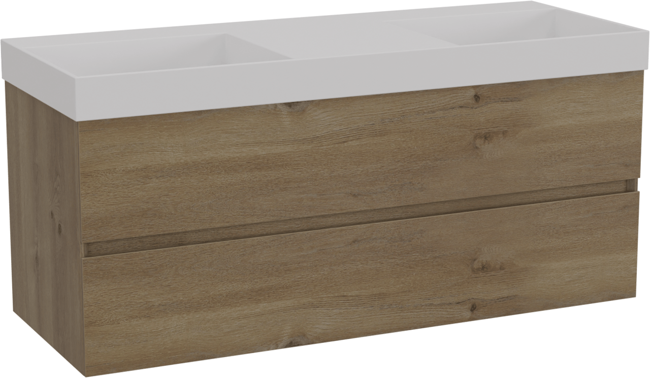 Storke Edge hängendes Möbelstück Set: 120 x 46 cm, Rohe Eiche, mit Jura Doppelwaschtisch, Solid Surface Weiß matt