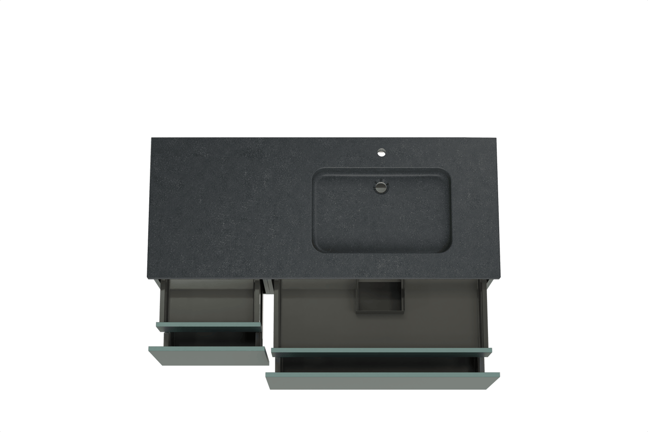 Balmani Sfera meuble salle de bains suspendu 135 x 55 cm forest avec Napoli vasque asymétrique droite en granit noir