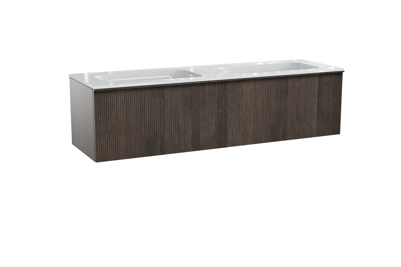 Balmani Forma meuble salle de bains suspendu 180 x 55 cm chêne fumé avec Tablo Strada double vasque en marbre composite blanc brillant, Nervure droite symétrique verticale