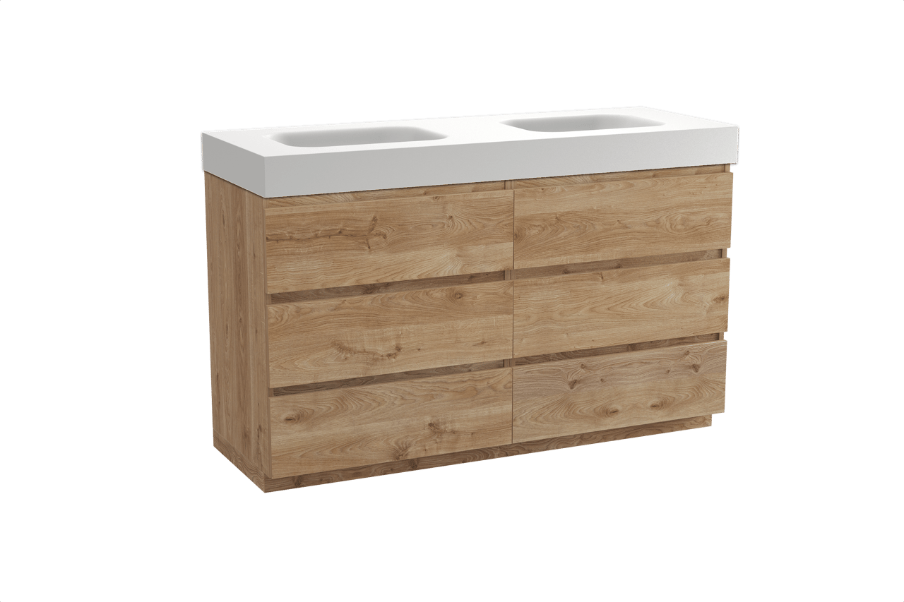 Balmani Lucida staand badkamermeubel 150 x 55 cm ruwe eik met Arcato dubbele wastafel in solid surface mat wit