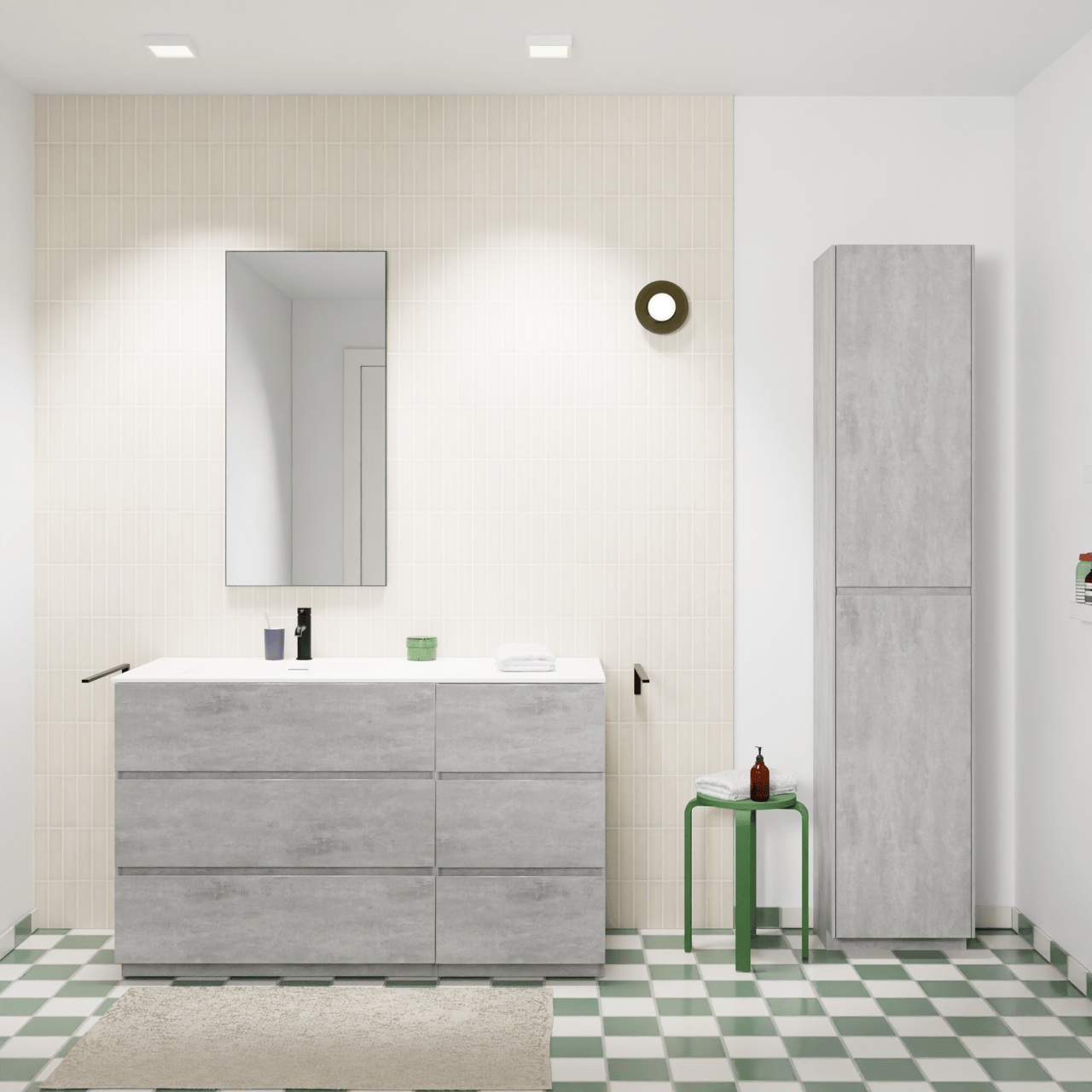 Storke Edge meuble salle de bains à poser 130 x 52 cm béton gris foncé avec Mata vasque asymétrique gauche en solid surface blanc mat