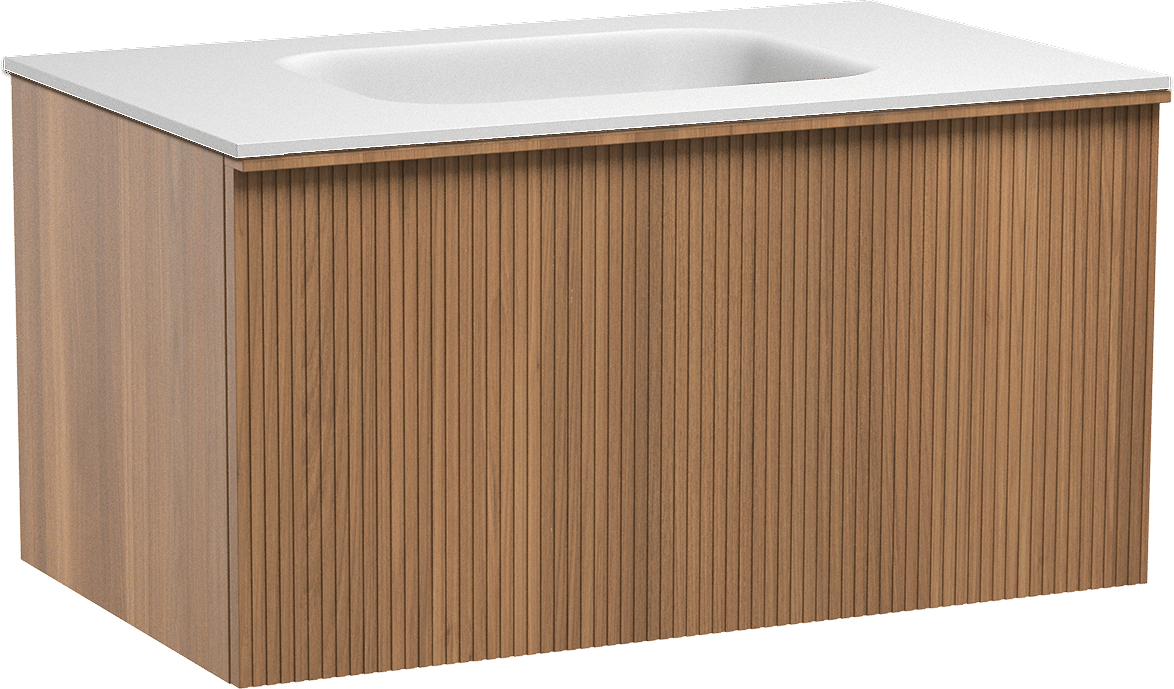 Balmani Forma zwevend badmeubel 90 x 55 cm teakhout met Tablo Arcato enkele wastafel in solid surface mat wit, Verticale symmetrische rechte ribbel