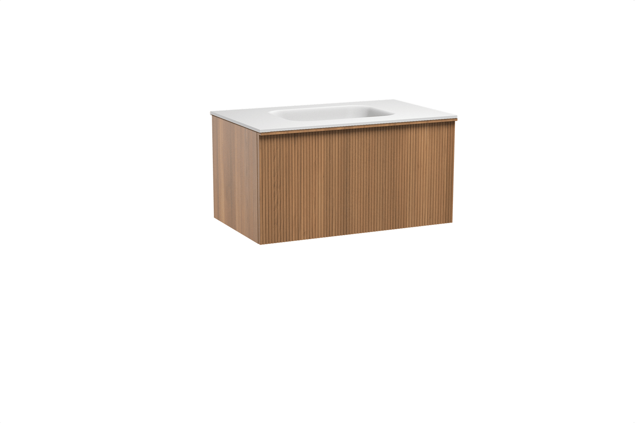 Balmani Forma hängendes Möbelstück Set: 90 x 55 cm, Teak, mit Tablo Arcato Einzelwaschtisch, Solid Surface, Weiß matt, Vertikale symmetrische gerade Rippe