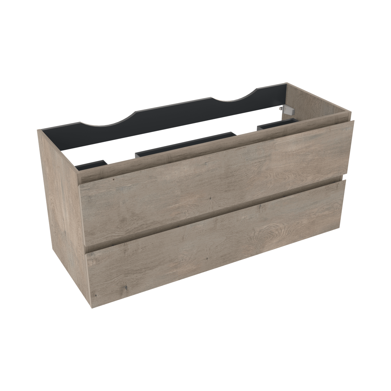 Linie Lado zwevend badmeubel 120 x 46 cm grijs eiken met Lado enkel of dubbel wastafelblad in melamine grijze leisteen