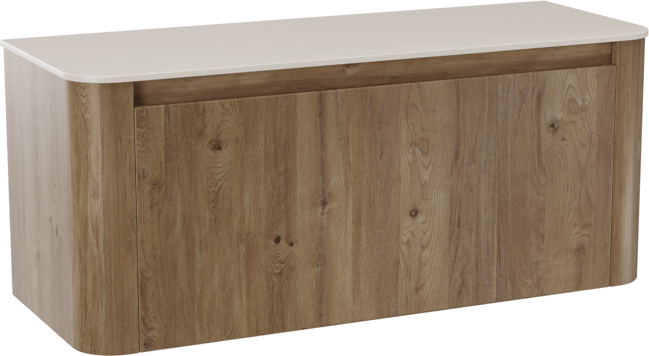 Storke Soft zwevend badkamermeubel 120 x 46 cm ruwe eik met Tavola Soft enkele of dubbele tablet in solid surface beige granita