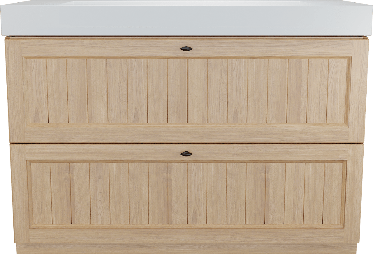 Balmani Lemon staand badkamermeubel 135 x 55 cm, fineer natuur eik met Modus enkele wastafel voor 2 kraangaten in mat wit