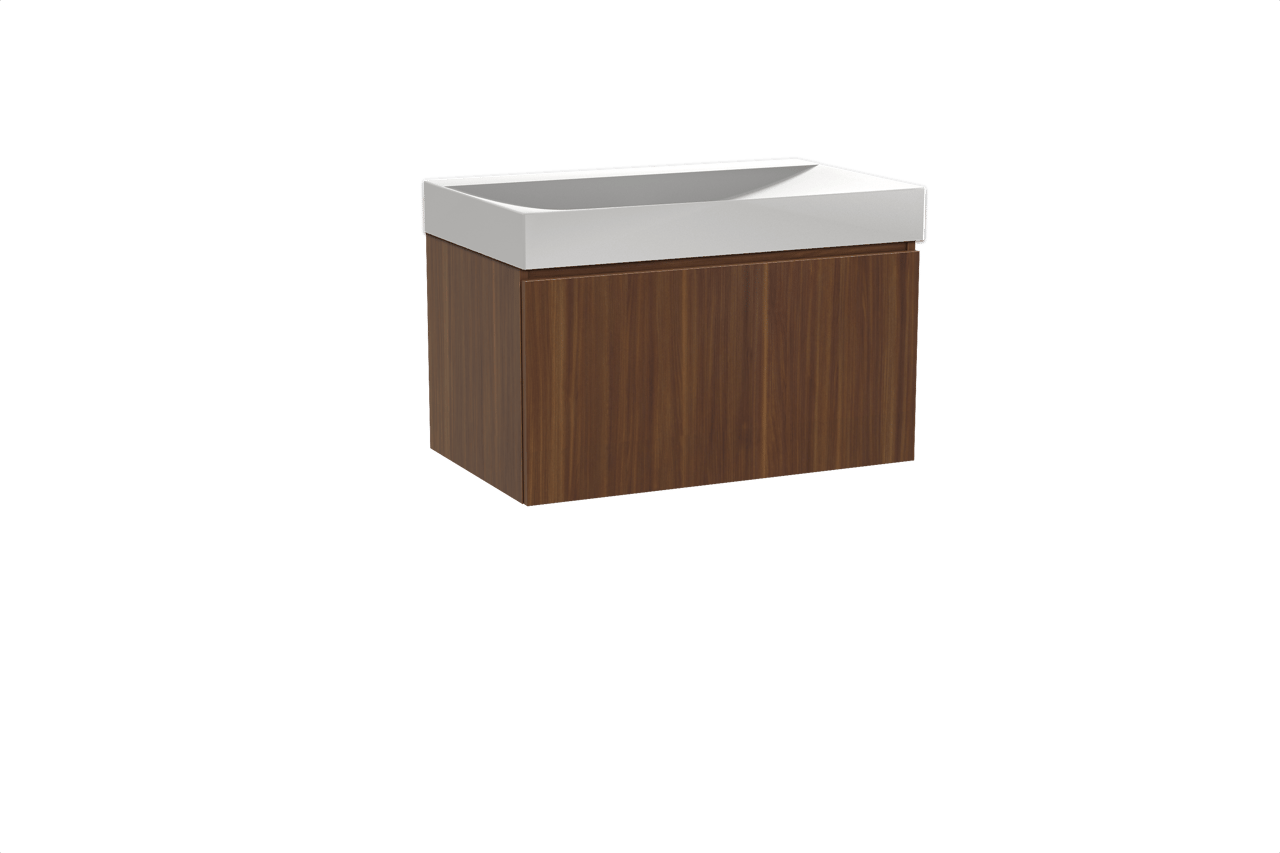 Balmani Sfera hängendes Möbelstück Set: 90 x 55 cm, Amerikanischer Nussbaum, mit Wave Einzelwaschtisch, Solid Surface Weiß matt