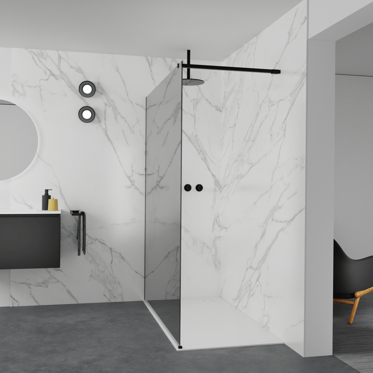 Balmani Modular Walk-In Dusche: 160 x 200 cm, Reflex-Spiegelglas, Profil Schwarz matt