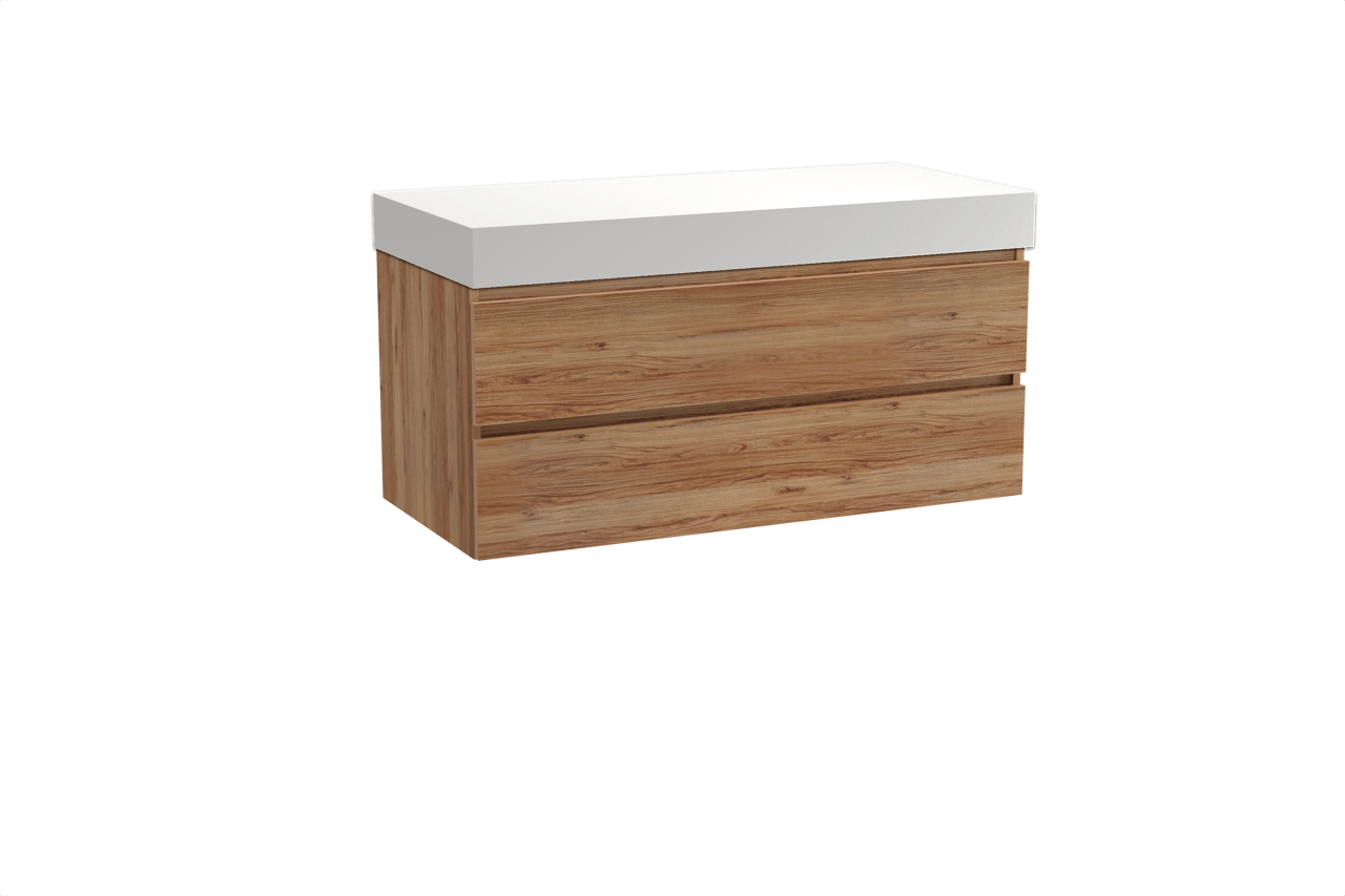 Balmani Lucida meuble salle de bains suspendu 120 x 55 cm teck avec Dominus tablette simple ou double en solid surface blanc mat