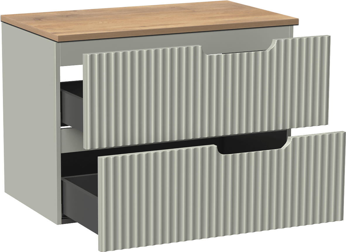 Linie Ribbo zwevend badmeubel 80 x 46 cm greige met Lado enkel wastafelblad in melamine naturel eiken, Verticale symmetrische ronde ribbel