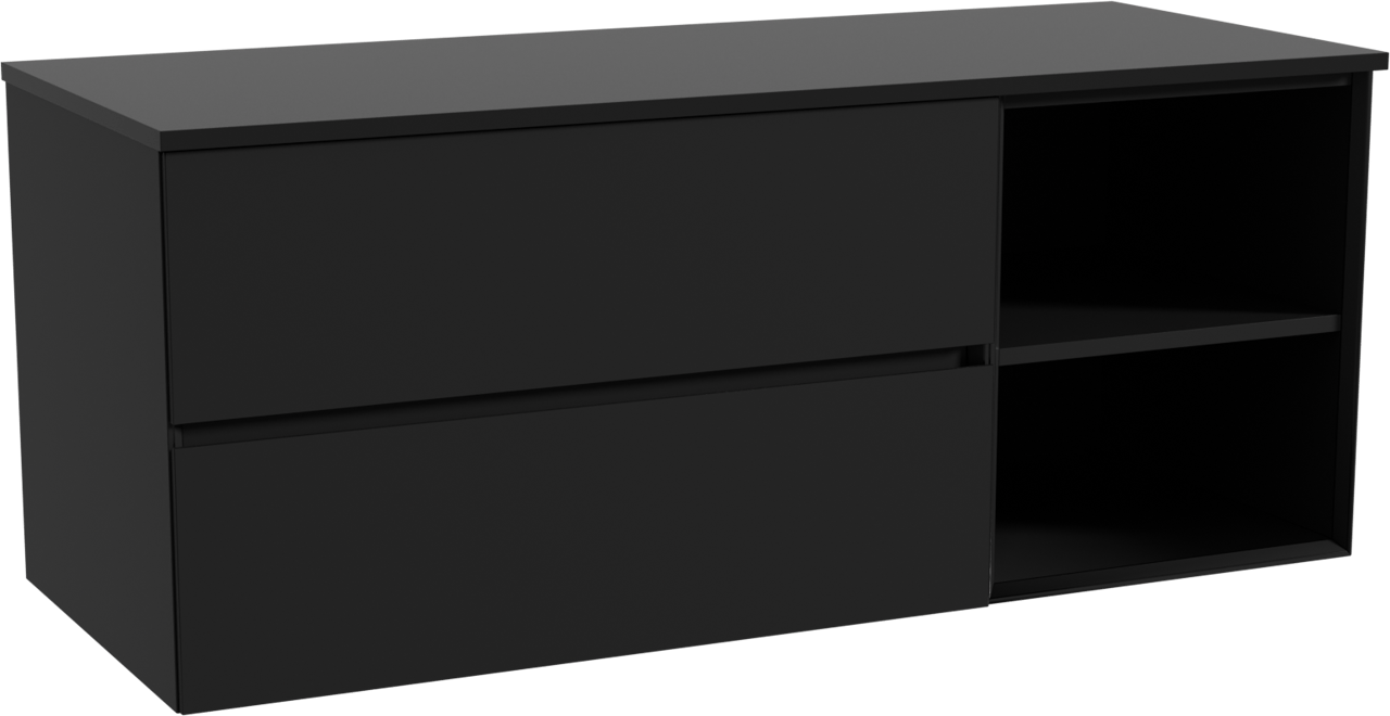 Storke Edge zwevend badkamermeubel 130 x 52 cm mat zwart met Panton enkel of dubbel tablet in gepoedercoate mdf mat zwart