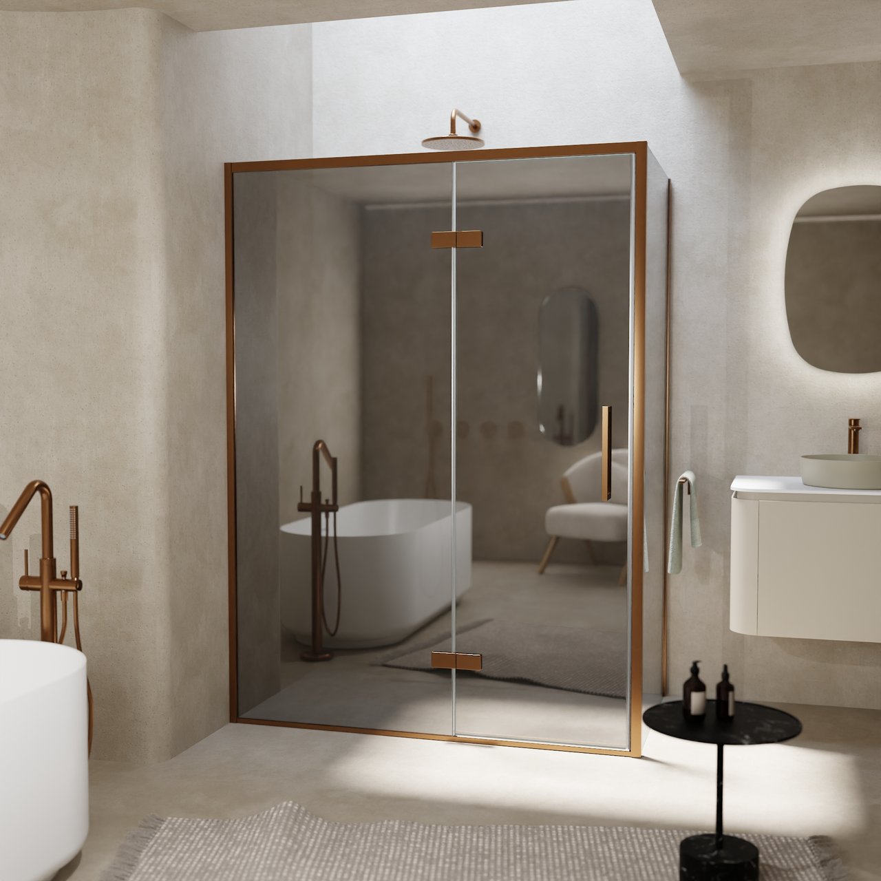 Balmani Senses Design Eckdusche: Drehtür (Links) mit fixierte Seitenwand, 140 x 90 cm, Reflex-Spiegelglas, Profil Brushed Rosegold, inklusive Coating